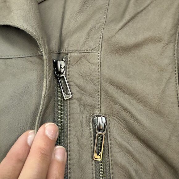 Vince Draped Neutral Tan Moto Leather Jacket Rib Knit Wool Details Size M Zipper - Picture 3 of 13